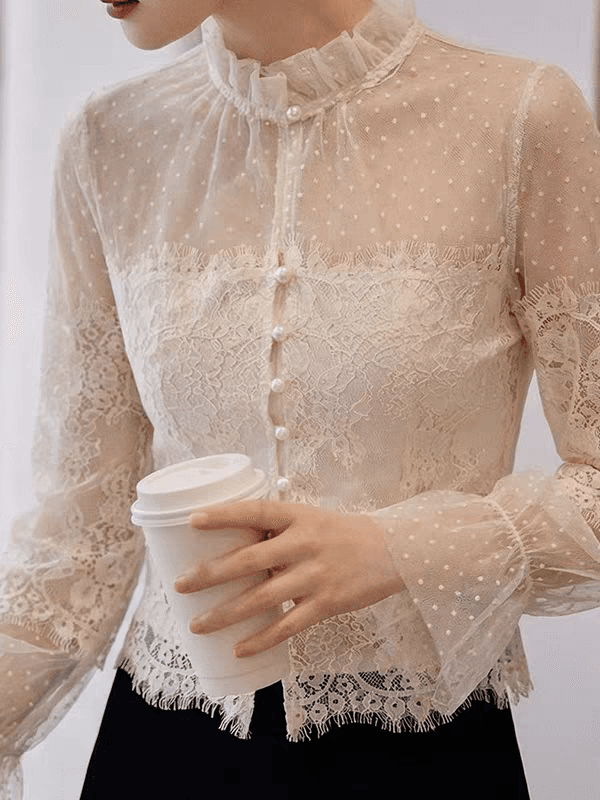 부드러운 바람 작은 대중 레이스 조각 망사 셔츠 프릴 디자인 센스 화이트 레이스 셔츠 연령 감소 맨위 셔츠 상세 이미지 3