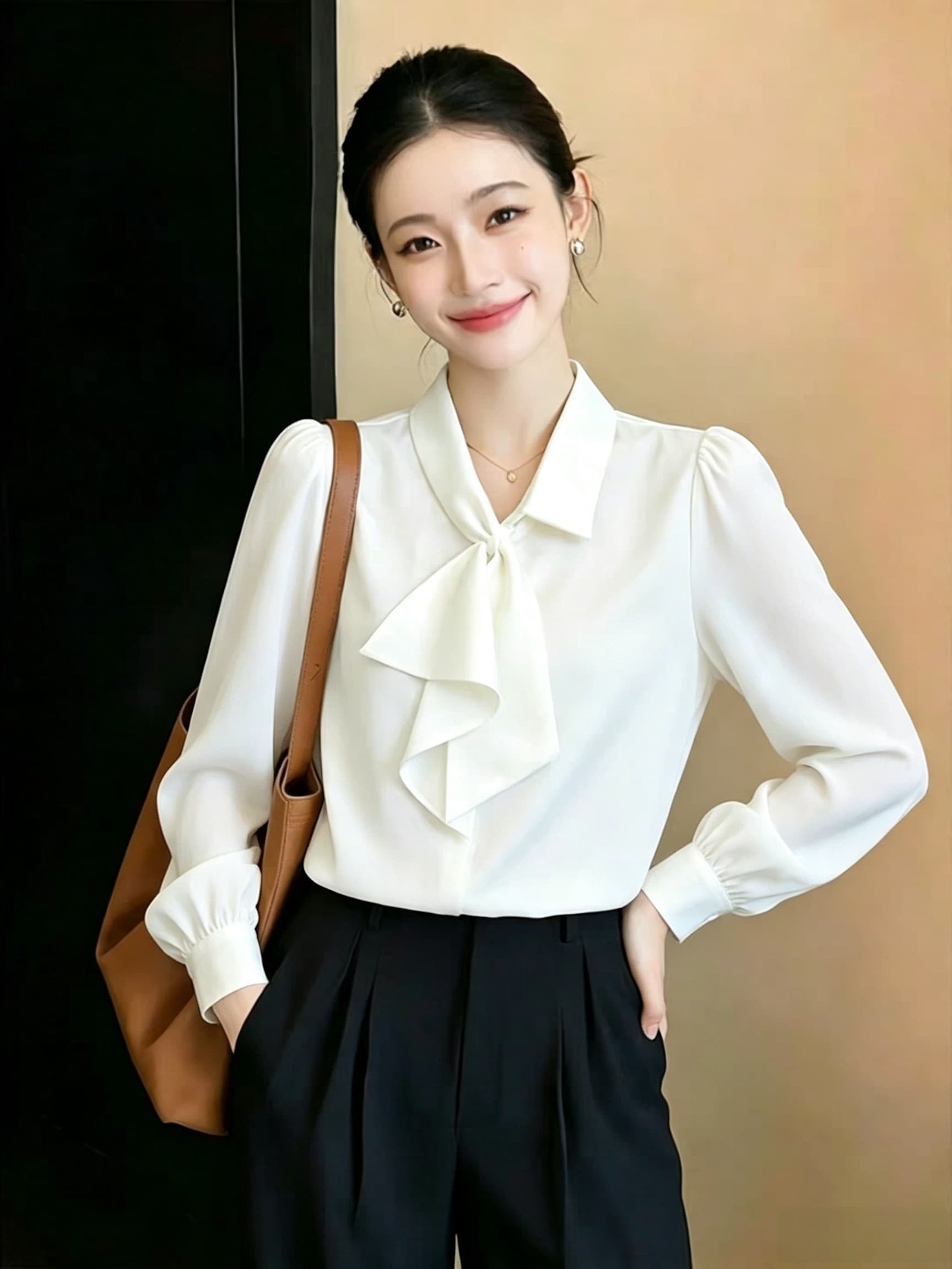 은회색 나비 넥타이 레이스업 비대칭 디자인 긴팔 여성 셔츠 이른 가을 새로운 품격 출퇴근 맨위 이미지 3