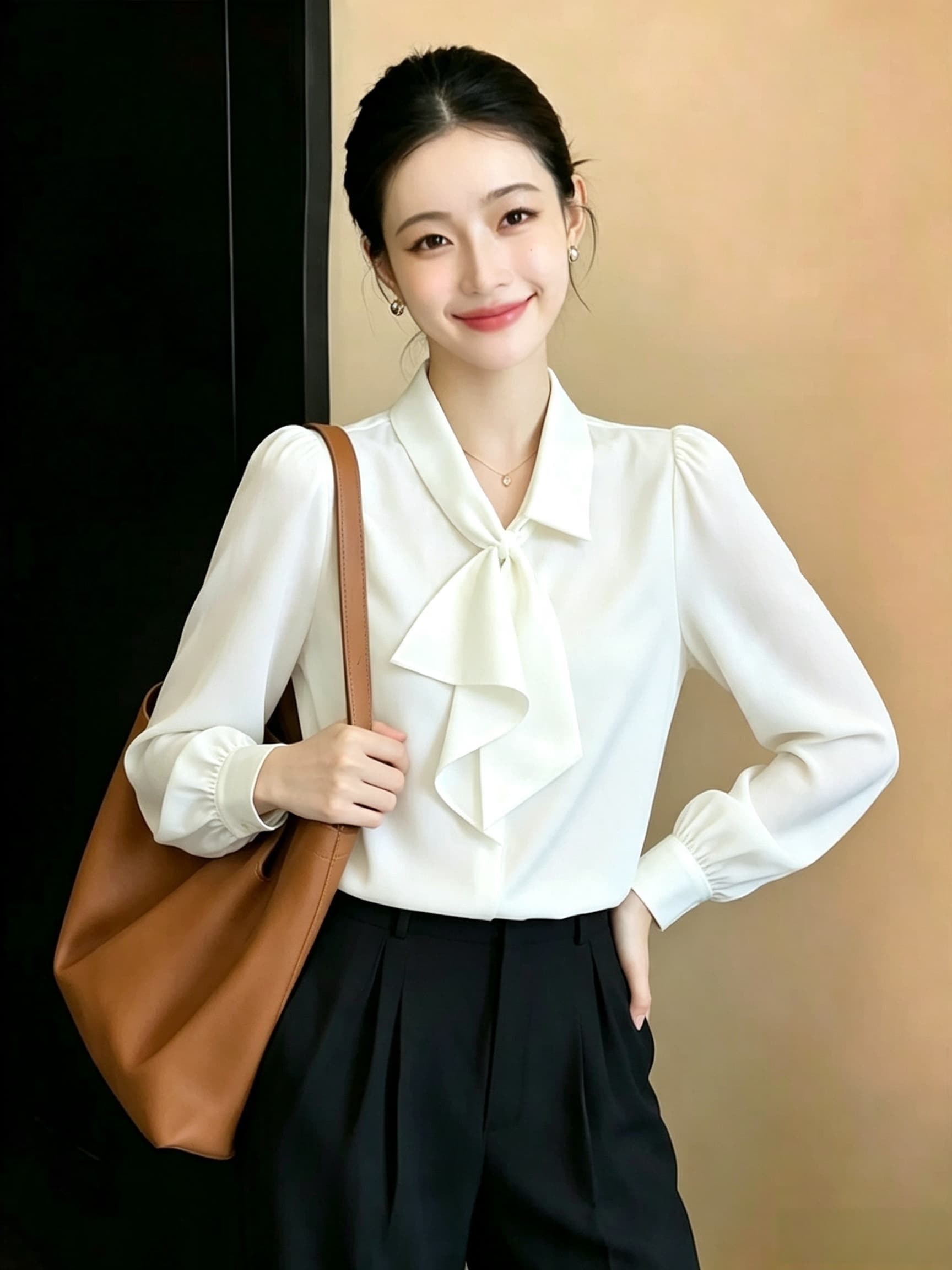 은회색 나비 넥타이 레이스업 비대칭 디자인 긴팔 여성 셔츠 이른 가을 새로운 품격 출퇴근 맨위 이미지 4
