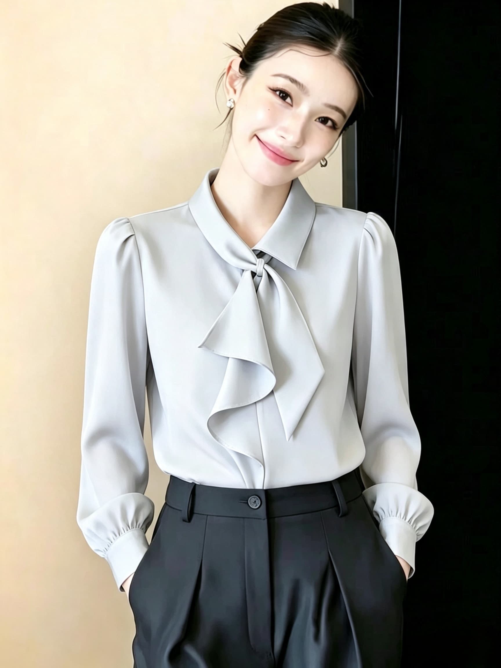 은회색 나비 넥타이 레이스업 비대칭 디자인 긴팔 여성 셔츠 이른 가을 새로운 품격 출퇴근 맨위 상세 이미지 2