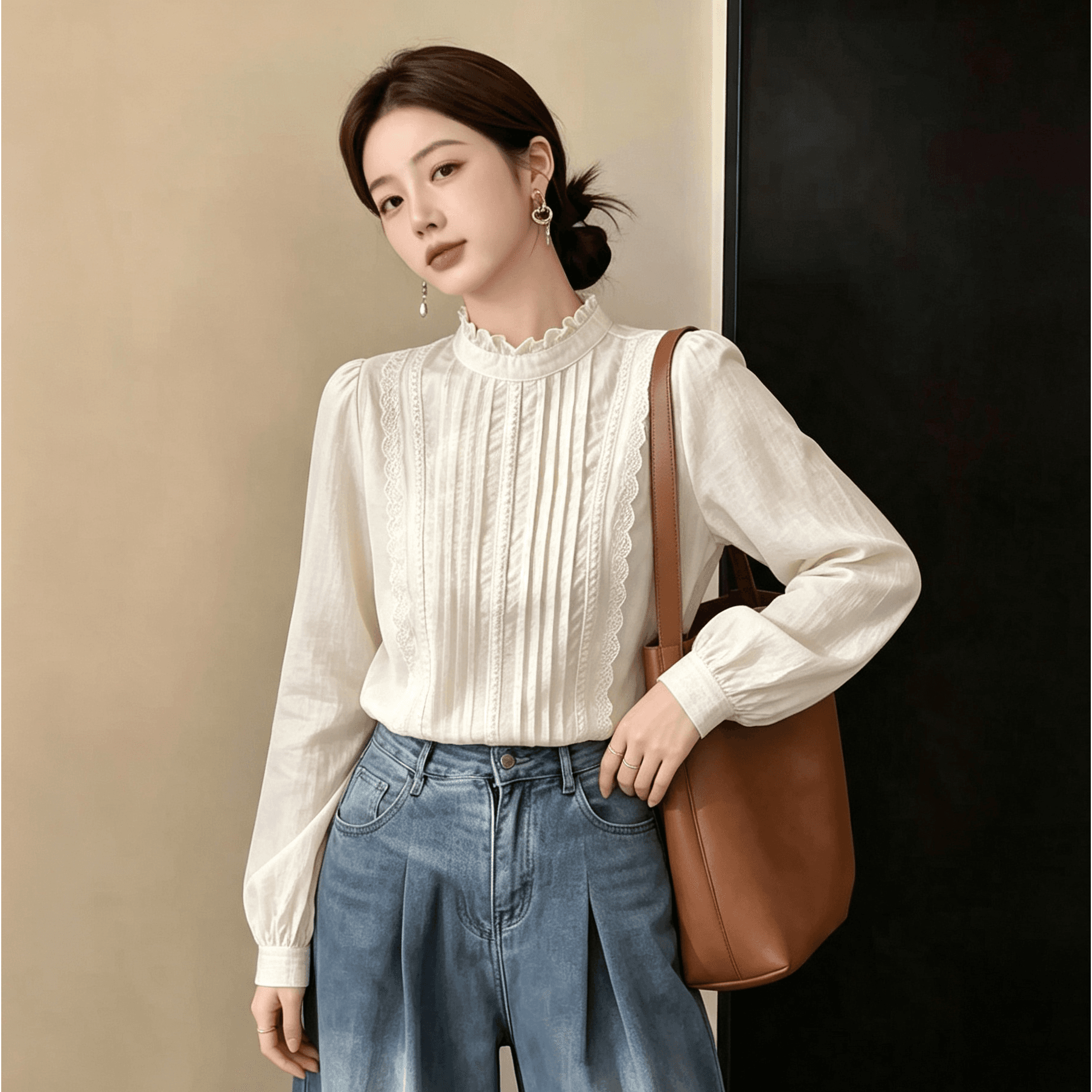 목이버섯 레이스 칼라 긴팔 화이트 여성 셔츠 2026 새로운 달콤함 긍정적 인 어깨 티셔츠 작은 셔츠 맨위 기본 셔츠 이미지 5