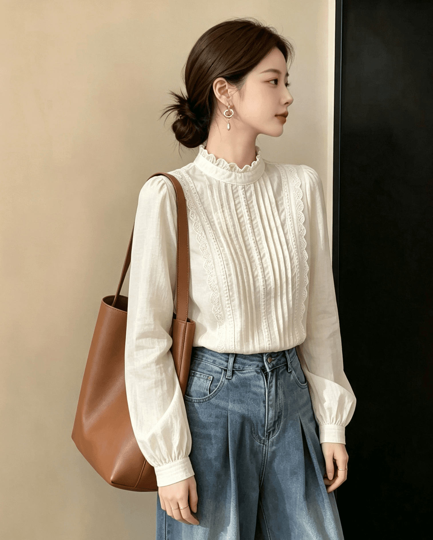 목이버섯 레이스 칼라 긴팔 화이트 여성 셔츠 2026 새로운 달콤함 긍정적 인 어깨 티셔츠 작은 셔츠 맨위 기본 셔츠 상세 이미지 5