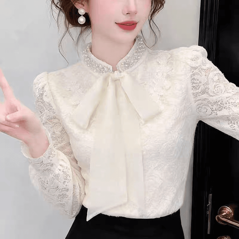 셔츠 여자 2026 새로운 프랑스식 베이지 색 V넥 긴팔 셔츠 레이스 나비 매듭 디자인 센스 맨위 이미지 3