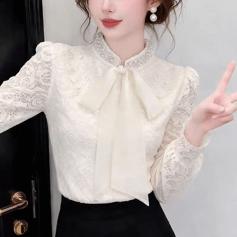 셔츠 여자 2026 새로운 프랑스식 베이지 색 V넥 긴팔 셔츠 레이스 나비 매듭 디자인 센스 맨위 상세 이미지 5