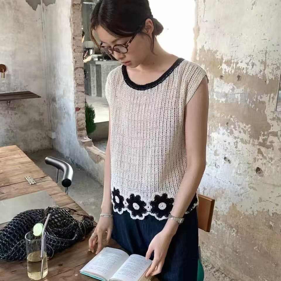2026 여름 새로운 순면 한 부서 미니멀리즘 다용도 출퇴근 루즈핏 슬림해 보이는 레이스 자수 니트 조끼 여성 상세 이미지 2