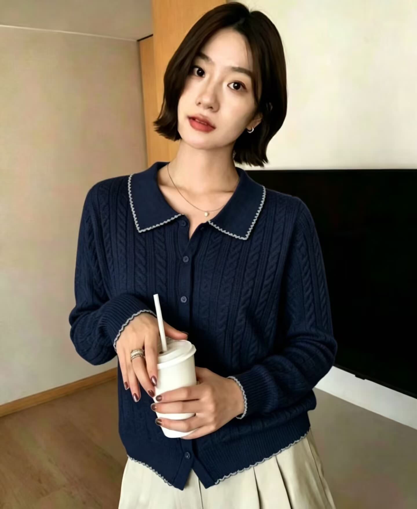 한국 스타일 부드러운 POLO 칼라 배색 긴팔 니트 스웨터 여성 루즈핏 오픈 가디건 연령 감소 프로 피부 맨위 여성 이미지 4