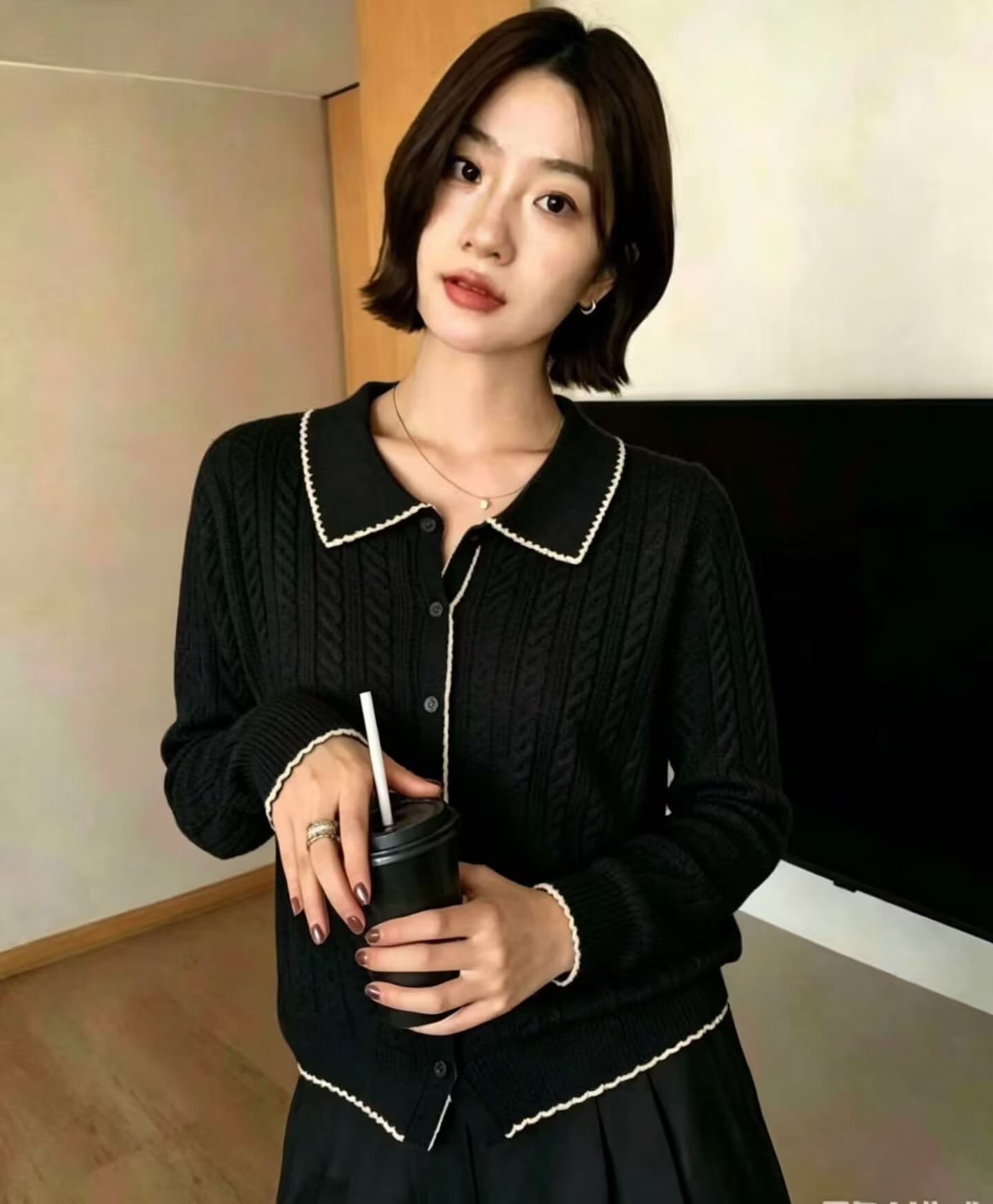 한국 스타일 부드러운 POLO 칼라 배색 긴팔 니트 스웨터 여성 루즈핏 오픈 가디건 연령 감소 프로 피부 맨위 여성 이미지 2