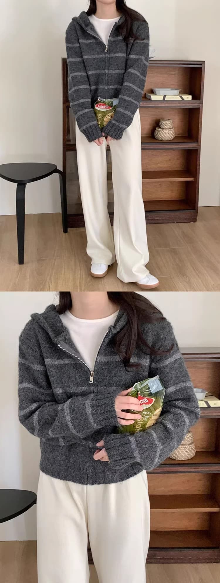 한국 가을 캐주얼 슬림해 보이는 후드 스웨터 여성 코트 새로운 프랑스식 느긋한 바람 루즈핏 스트라이프 니트 오픈 가디건 상세 이미지 10