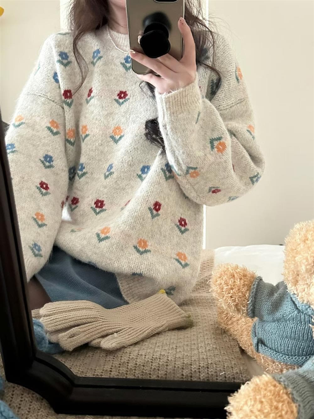 작은 청신 자카드 라운드 넥 풀오버 스웨터 여자 가을 겨울 와이드 부드러운 찹쌀 달콤함 꽃 니트 스웨터 맨위 상세 이미지 18