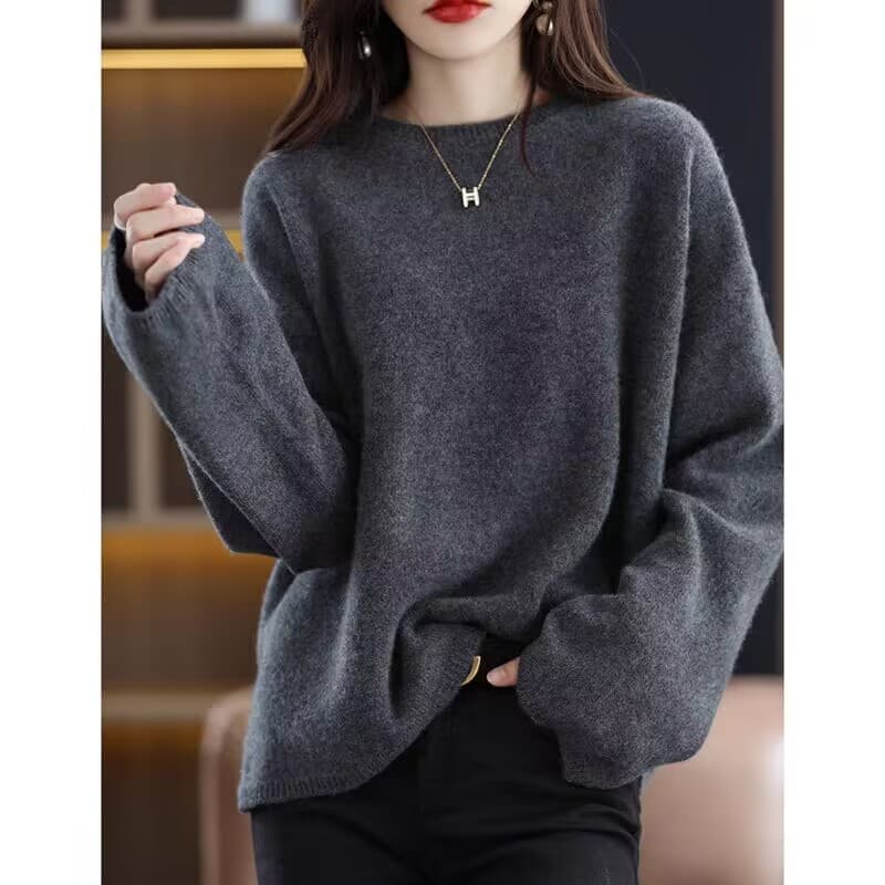 회색 너구리 플러시 라운드 넥 스웨터 여자 가을 겨울 새로운 루즈핏 풀오버 느긋한 양모 스웨터 가을 어깨 긴팔 기본 셔츠 상세 이미지 3