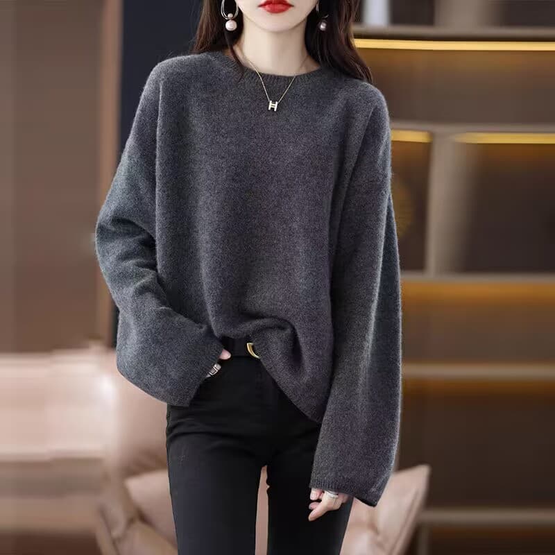 회색 너구리 플러시 라운드 넥 스웨터 여자 가을 겨울 새로운 루즈핏 풀오버 느긋한 양모 스웨터 가을 어깨 긴팔 기본 셔츠 상세 이미지 4