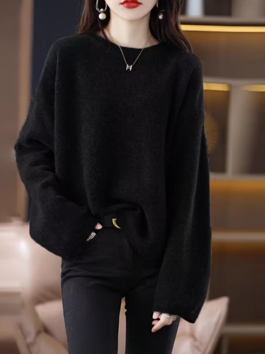 회색 너구리 플러시 라운드 넥 스웨터 여자 가을 겨울 새로운 루즈핏 풀오버 느긋한 양모 스웨터 가을 어깨 긴팔 기본 셔츠 상세 이미지 5