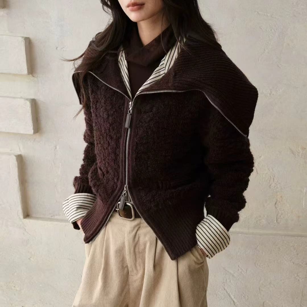 슈퍼 추천 좋은 부드러운 화이트 질감 센스 서클 실 빅 칼라 더블 지퍼 디자인 스웨터 코트 이미지 3