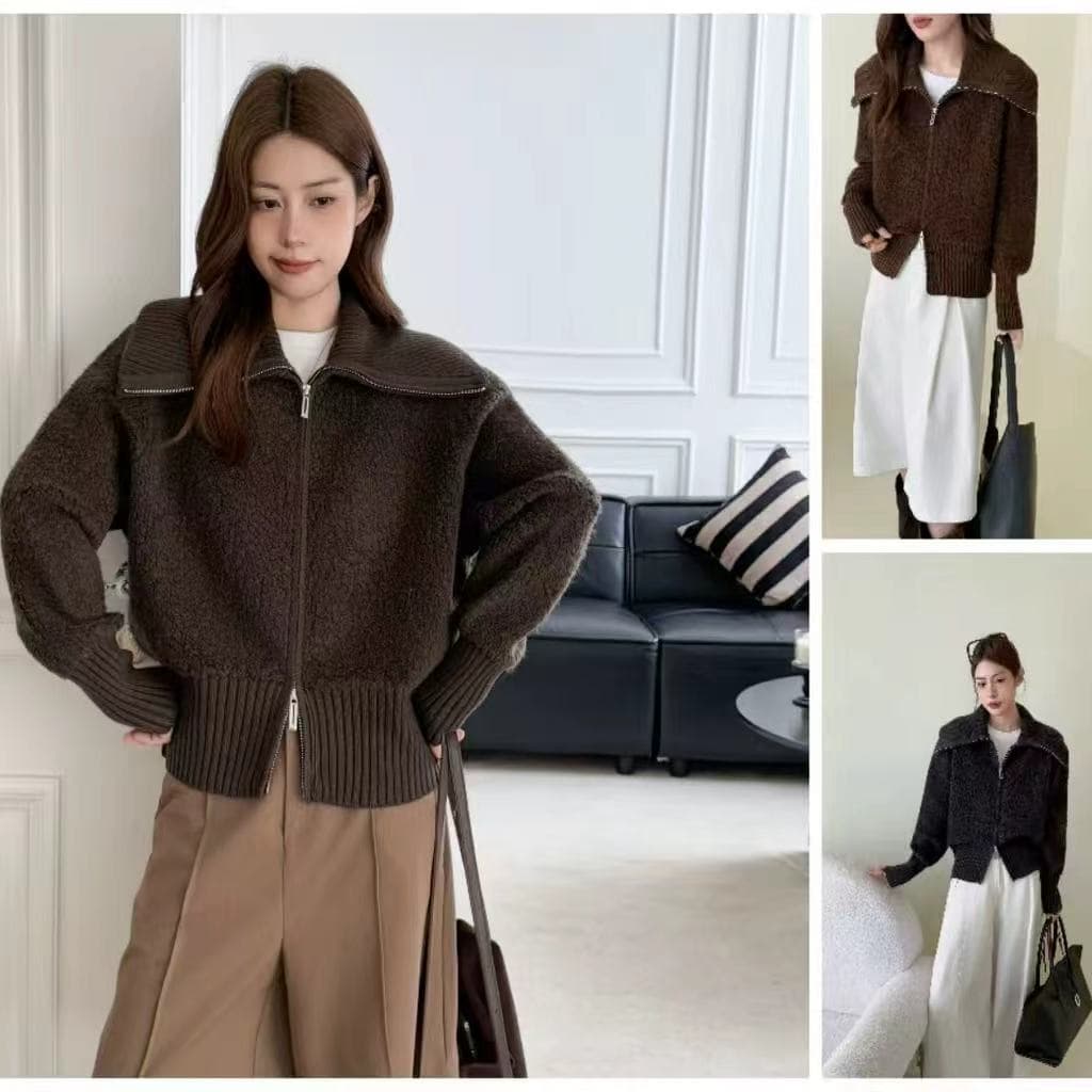 슈퍼 추천 좋은 부드러운 화이트 질감 센스 서클 실 빅 칼라 더블 지퍼 디자인 스웨터 코트 상세 이미지 3