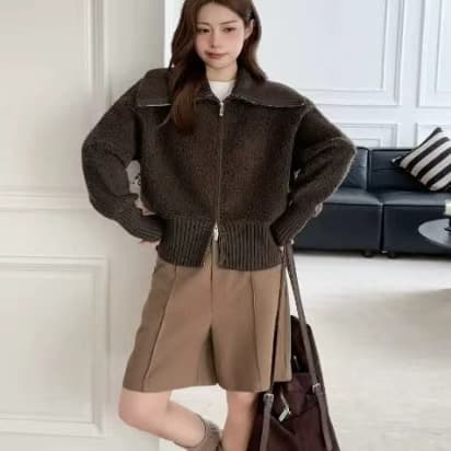 슈퍼 추천 좋은 부드러운 화이트 질감 센스 서클 실 빅 칼라 더블 지퍼 디자인 스웨터 코트 상세 이미지 8