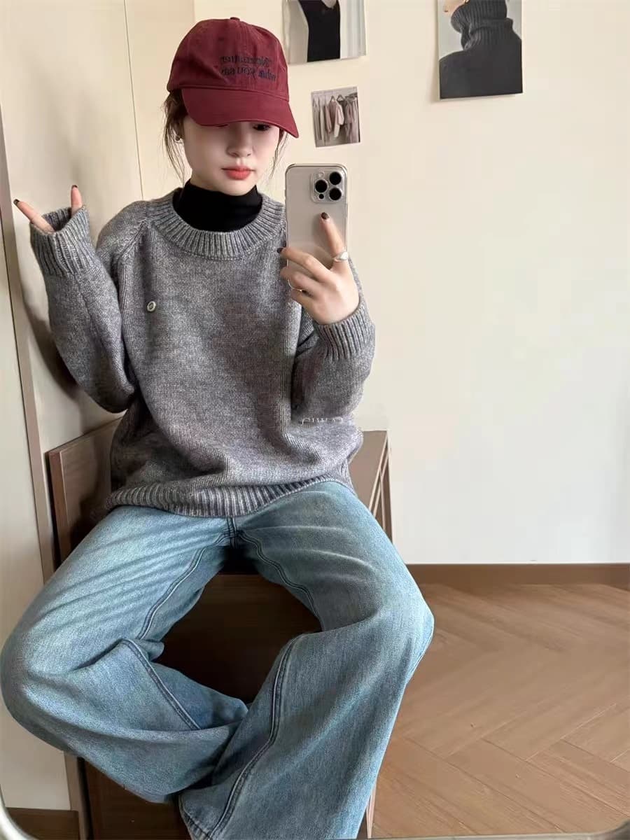 한 부서 디자인 센스 라운드 넥 부드러운 찹쌀 두꺼운 삽입 어깨 소매 커버 머리 스웨터 여자 가을 겨울 인사이드 가져 가라. 외출용 니트 스웨터 맨위 상세 이미지 11