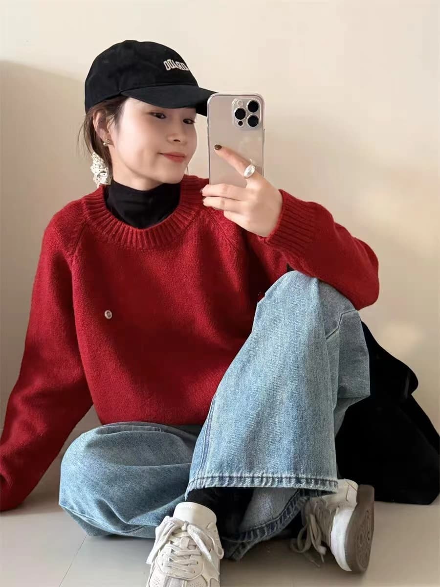 한 부서 디자인 센스 라운드 넥 부드러운 찹쌀 두꺼운 삽입 어깨 소매 커버 머리 스웨터 여자 가을 겨울 인사이드 가져 가라. 외출용 니트 스웨터 맨위 상세 이미지 12