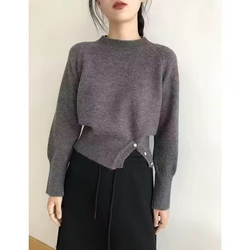 한 부서 라운드 넥 느긋한 바람 스웨터 슬림해 보이는 낮은 네크라인 여성 의류 가을 겨울철 맨위 인터넷 유명인 고급 센스 풀오버 니트 스웨터 상세 이미지 1
