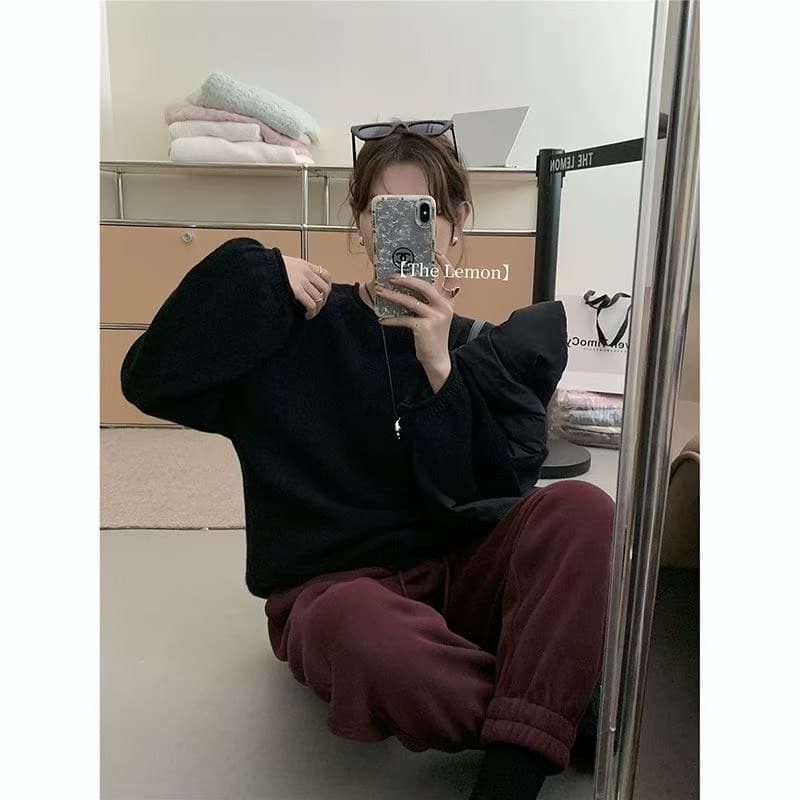 레몬 녹차 ins 라운드 넥 풀오버 한 부서 착용 가져 가라. 다용도 맨위 루즈핏 느긋한 바람 부드러운 찹쌀 볼륨 측면 스웨터 여자 이미지 3