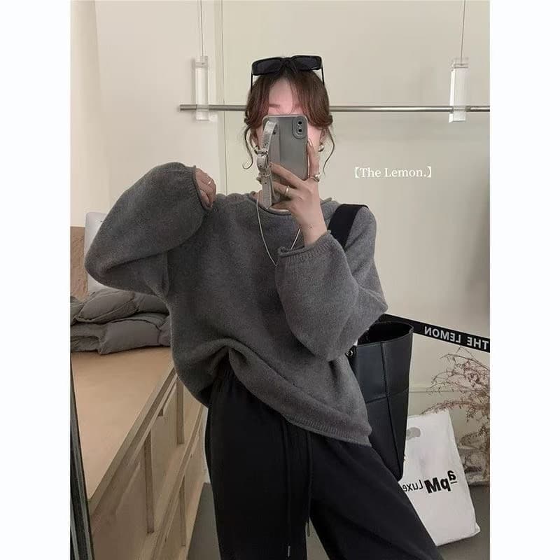 레몬 녹차 ins 라운드 넥 풀오버 한 부서 착용 가져 가라. 다용도 맨위 루즈핏 느긋한 바람 부드러운 찹쌀 볼륨 측면 스웨터 여자 상세 이미지 6