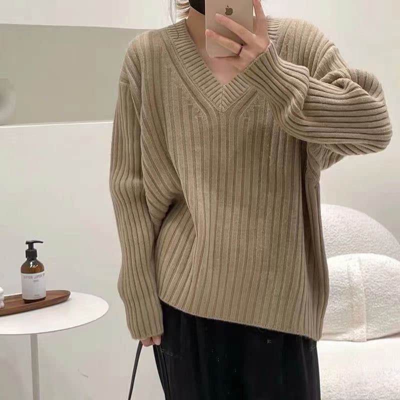 두꺼운 V넥 레트로 일본식 스웨터 여자 루즈핏 외출용 가을 겨울 2026 새로운 풀오버 느긋한 바람 니트 맨위 상세 이미지 4