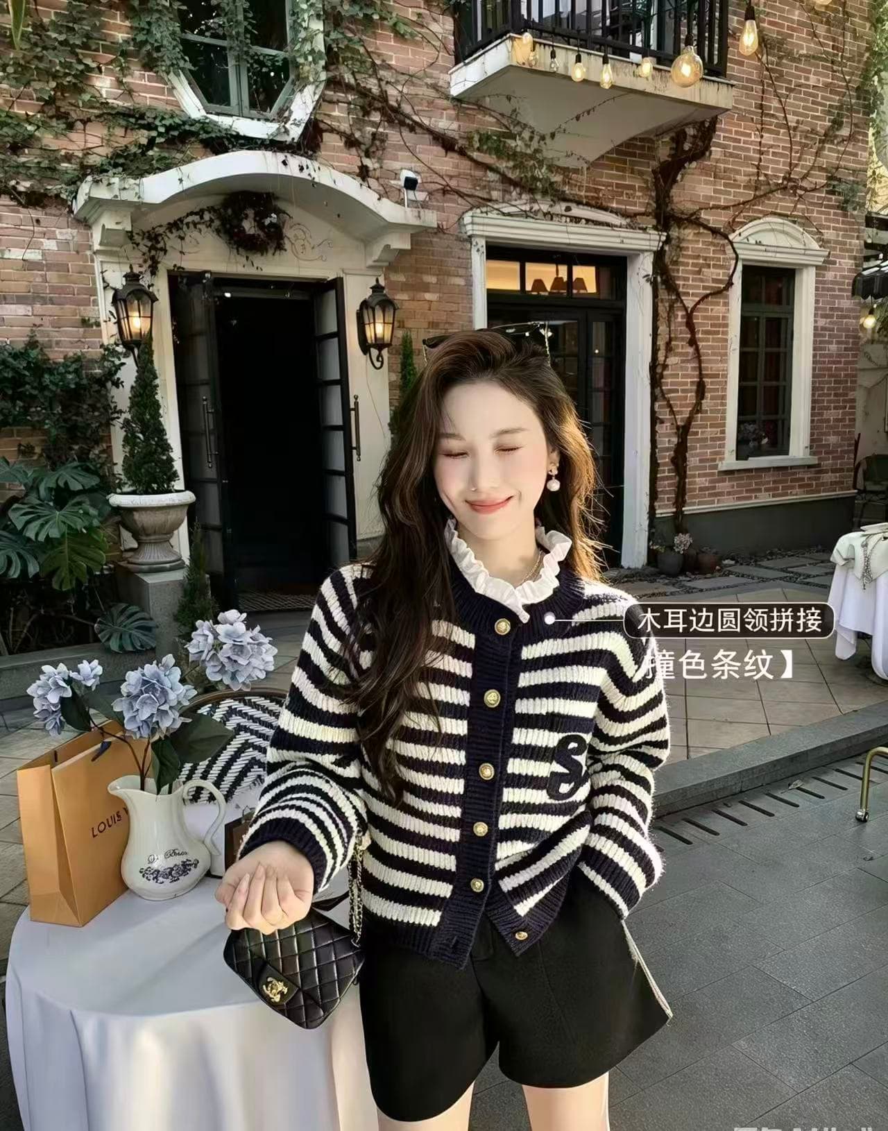 물고기 토끼 ~ 중 토끼 샤오시엔 스트라이프 맨위 여성 2026 새로운 봄 가을 배색 프릴 패치워크 니트 오픈 가디건 상세 이미지 2