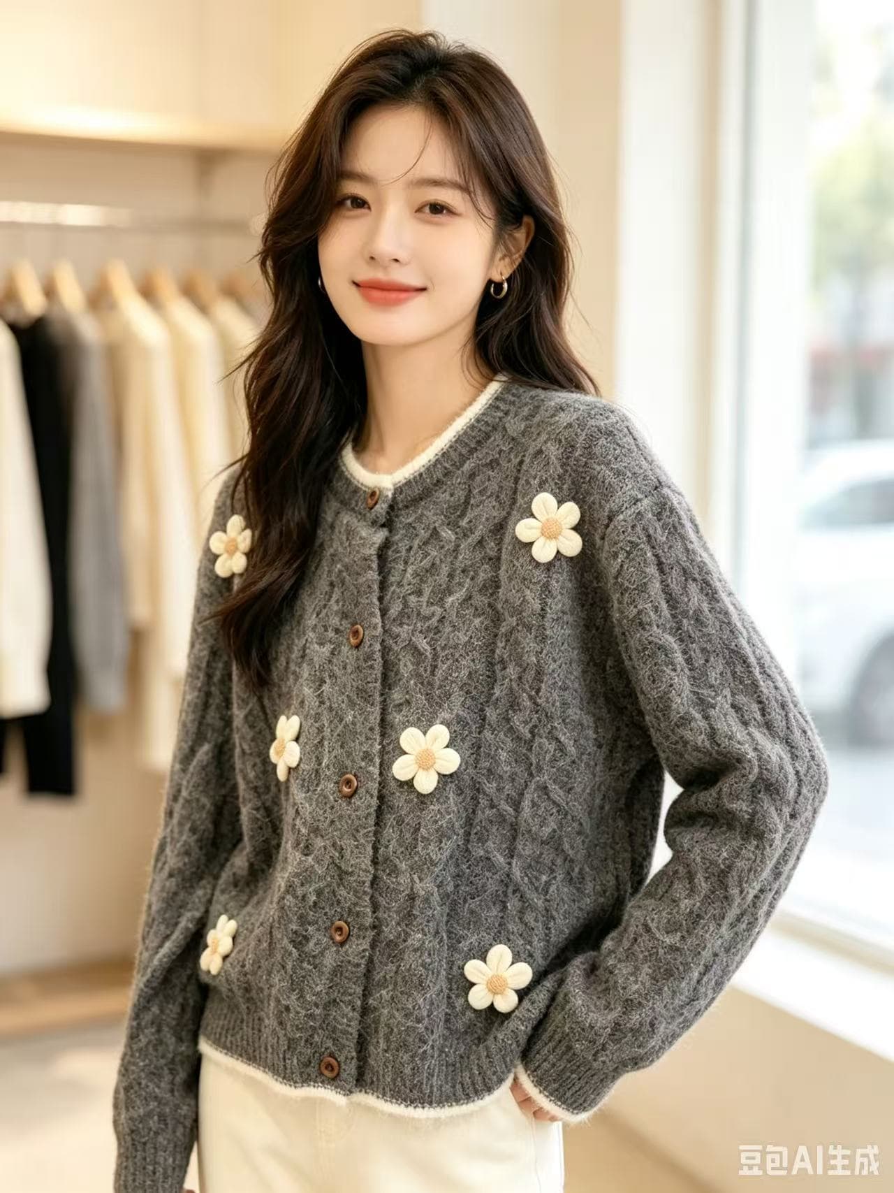 레트로 3 차원 꽃 라운드 넥 니트 오픈 가디건 여성 가을 겨울 새로운 루즈핏 느긋한 바람 부드러운 찹쌀 스웨터 코트 맨위 이미지 4