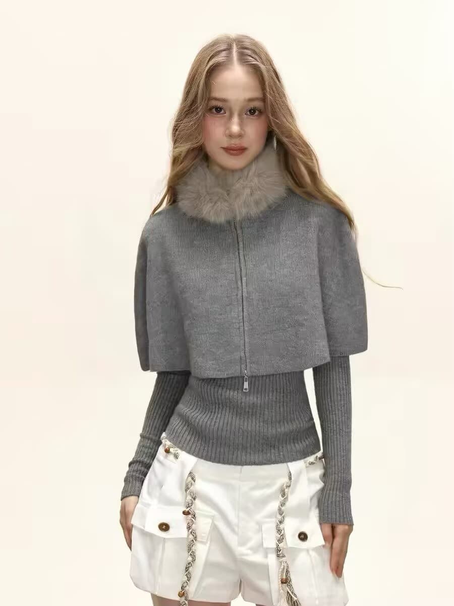 고급 센스 품격 니트 만나는 망토 오픈 가디건 세트 겨울 털 모피 칼라 목도리 두꺼운 스웨터 3종 세트 상세 이미지 2
