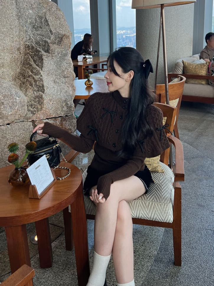 한국 동대문 나비 매듭 터틀넥 긴팔 니트 스웨터 두 조각 여성 세트 고급 센스 작은 대중 Chic 맨위 상세 이미지 8