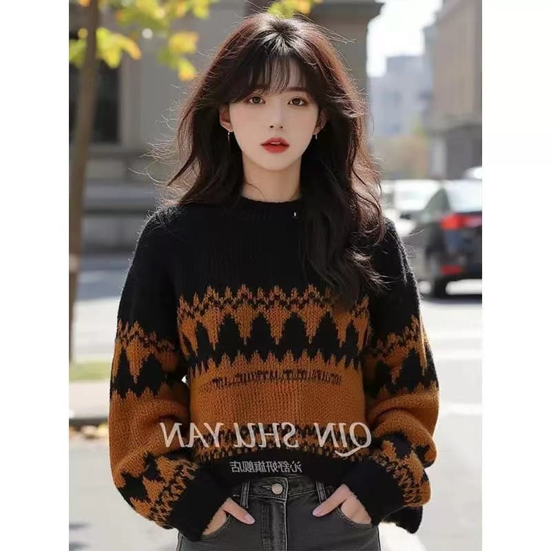 유럽 상품 무거운 작업 느긋한 고급 센스 두꺼운 검정색 배색 스웨터 여성 코트 가을 겨울 2026 새로운 니트 맨위 상세 이미지 3