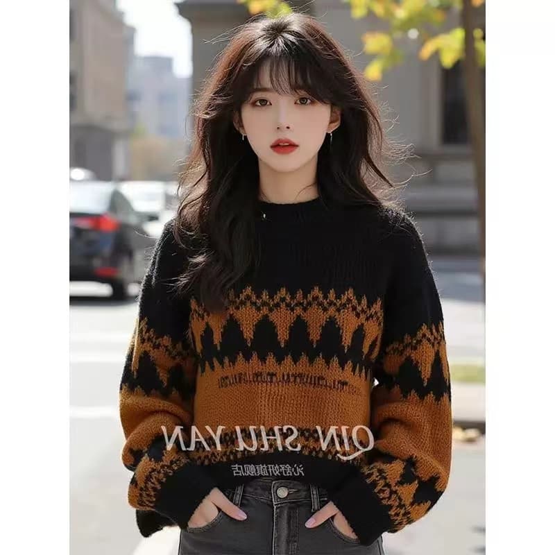 유럽 상품 무거운 작업 느긋한 고급 센스 두꺼운 검정색 배색 스웨터 여성 코트 가을 겨울 2026 새로운 니트 맨위 상세 이미지 4