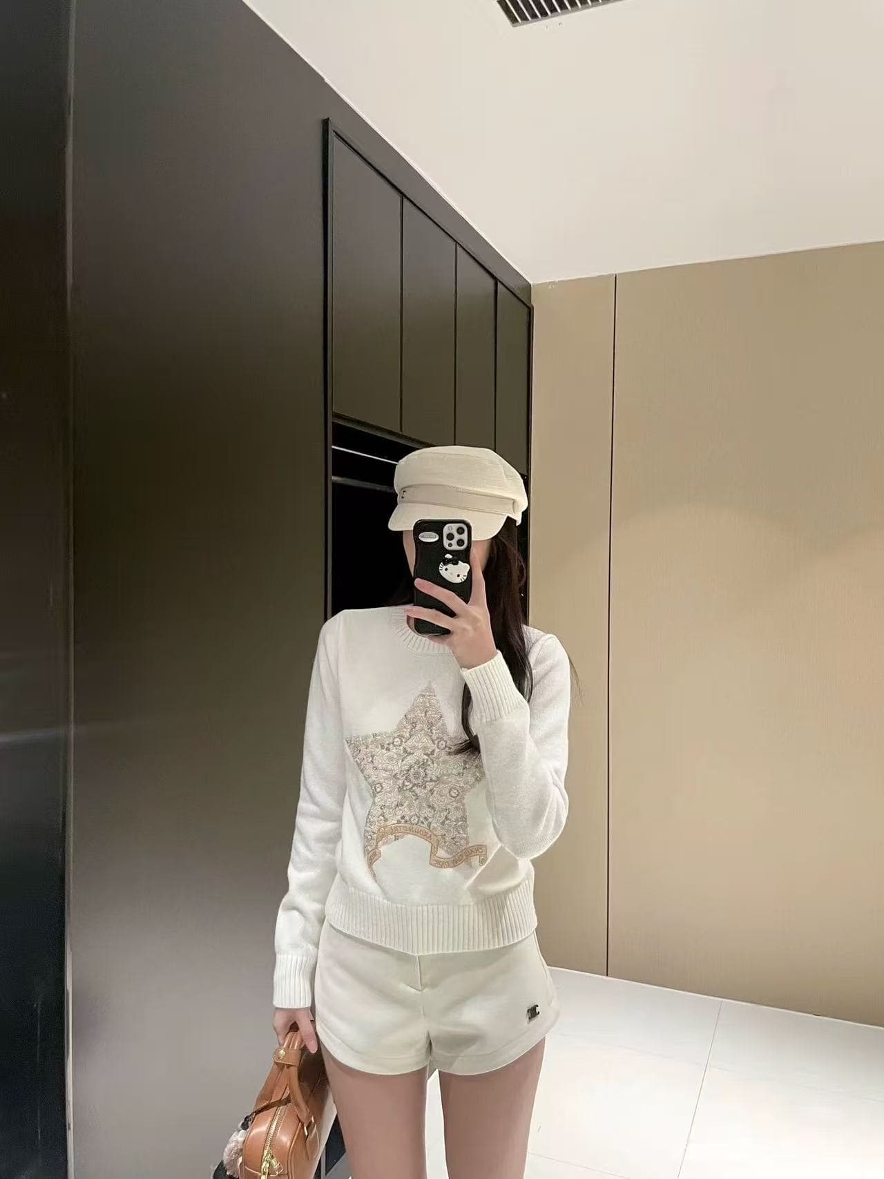 천 골드 작은 샤넬 스타일 학원 스타일 연령 감소 자수 금 오각형 별 긴팔 스웨터 잉크 페인팅 실크 캐시미어 바지 투피스 세트 이미지 3