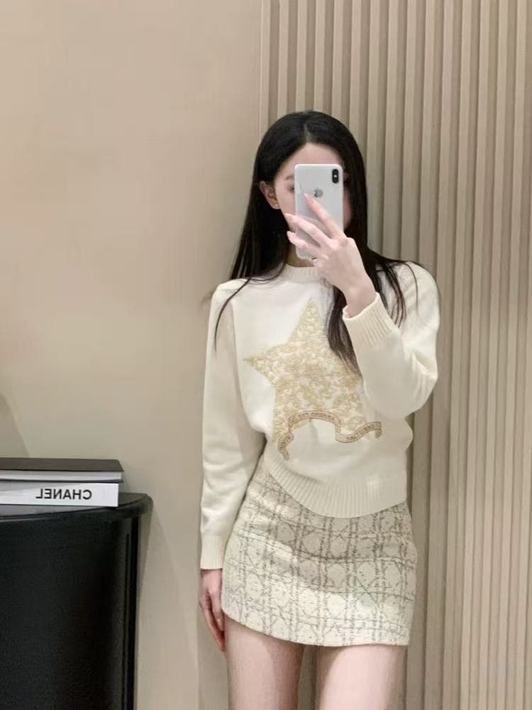천 골드 작은 샤넬 스타일 학원 스타일 연령 감소 자수 금 오각형 별 긴팔 스웨터 잉크 페인팅 실크 캐시미어 바지 투피스 세트 상세 이미지 1