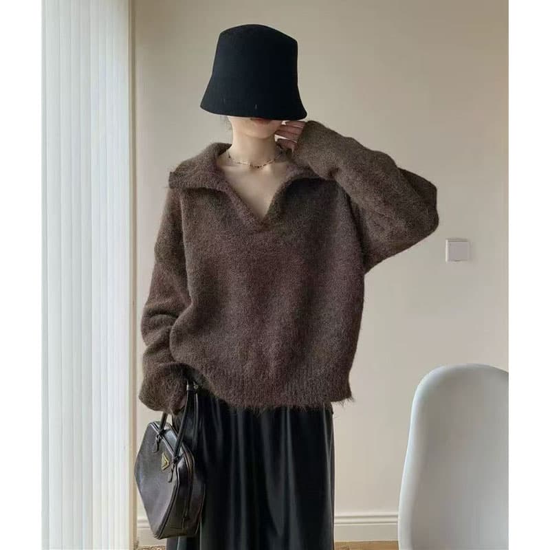 v 폴로 칼라 여성 카디건 꽃 실 당겨서 털 무거운 프랑스식 패션 연령 감소 다용도 루즈핏 에디션 니트 스웨터 맨위 상세 이미지 4