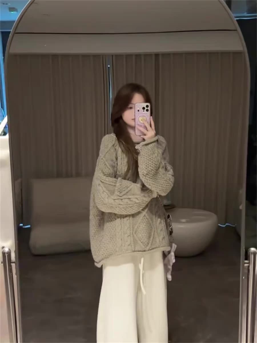 ssman 품격 느긋한 바람 트위스트 꽃 스웨터 여자 가을 겨울 새로운 라운드 넥 풀오버 두꺼운 니트 꽈배기 맨위 서비스 상세 이미지 5