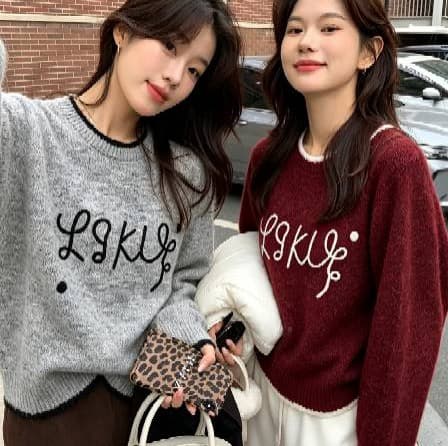 배색 알파벳 자수 스웨터 여자 라운드 넥 루즈핏 풀오버 겨울 2026 새로운 느긋한 바람 인사이드 잡아라. 의류 상세 이미지 1