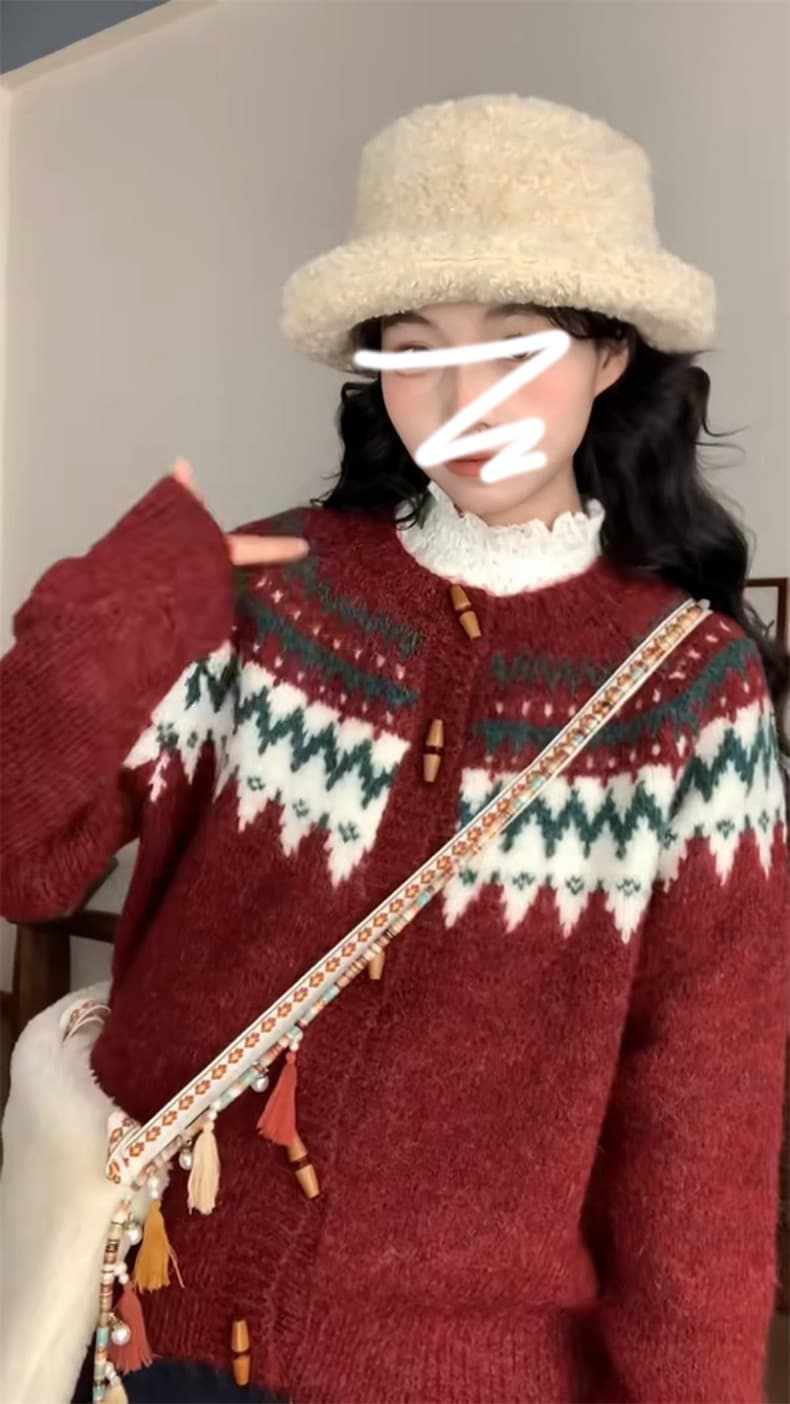 느긋한 바람 베이지 색 스웨터 여자 가을 겨울철 착용 가져 가라. 2026 새로운 폭발 고급 센스 맨위 공정한 섬 니트 오픈 가디건 상세 이미지 1