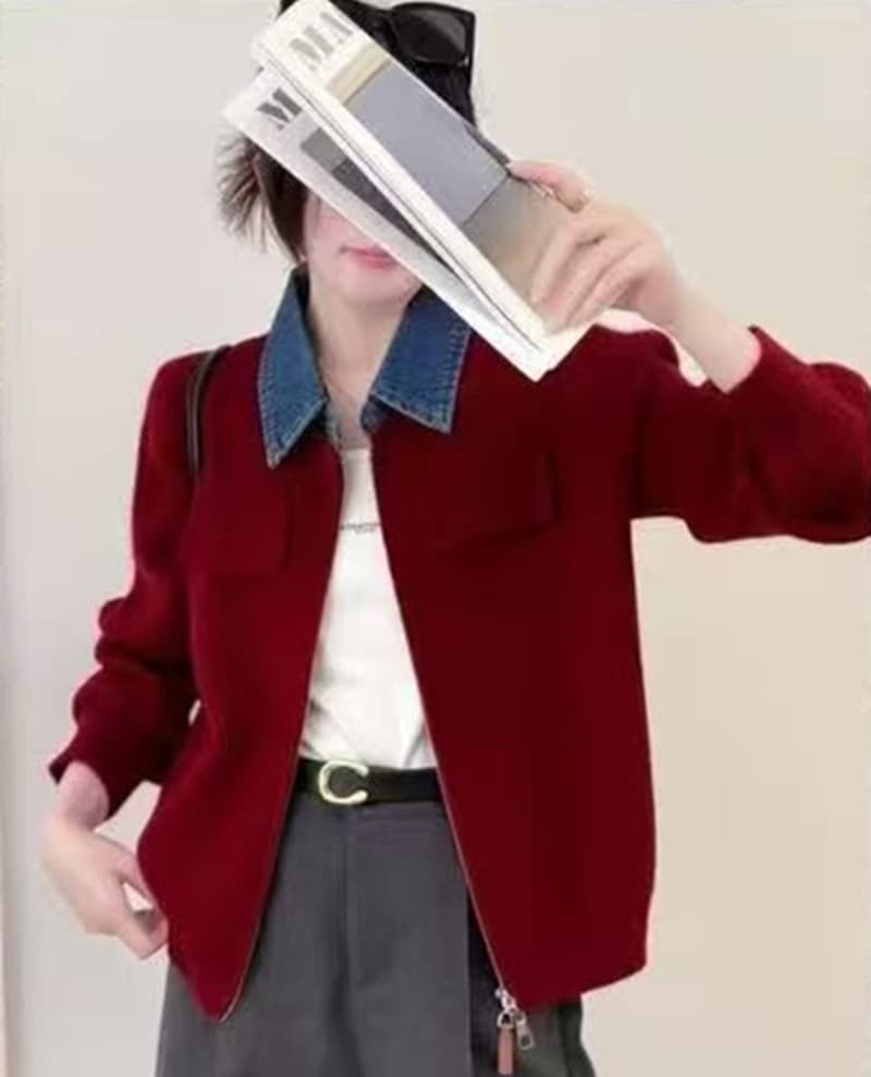 더블 지퍼 패치워크 데님 폴로 칼라 니트 가을 겨울 새로운 루즈핏 느긋한 바람 슬림해 보이는 패션 연령 감소 맨위 이미지 4