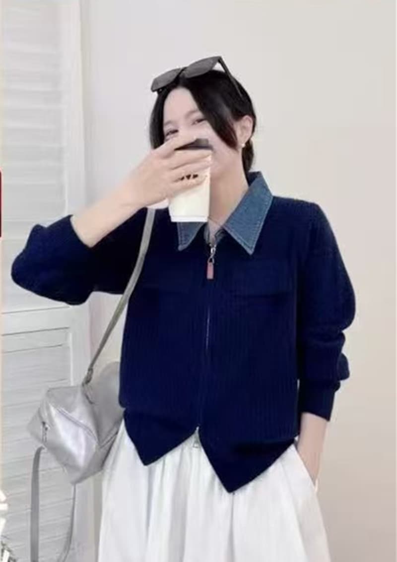 더블 지퍼 패치워크 데님 폴로 칼라 니트 가을 겨울 새로운 루즈핏 느긋한 바람 슬림해 보이는 패션 연령 감소 맨위 상세 이미지 2