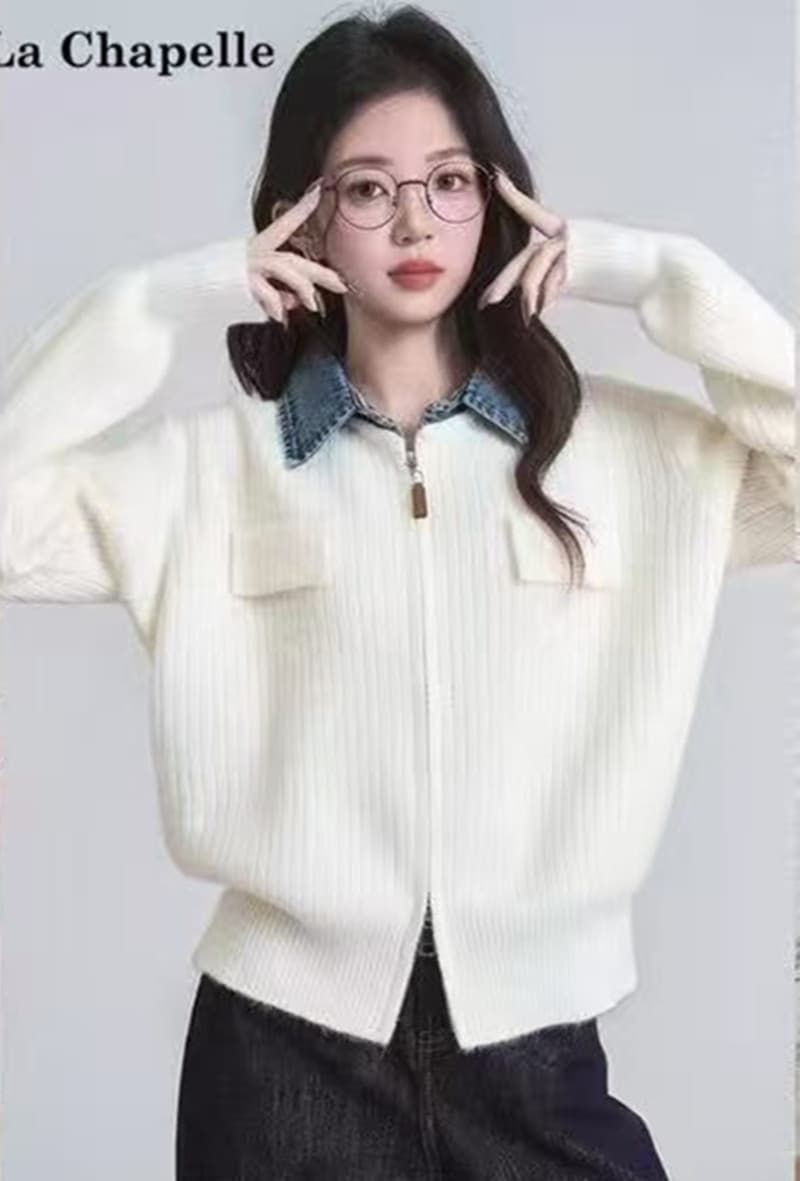 더블 지퍼 패치워크 데님 폴로 칼라 니트 가을 겨울 새로운 루즈핏 느긋한 바람 슬림해 보이는 패션 연령 감소 맨위 상세 이미지 3