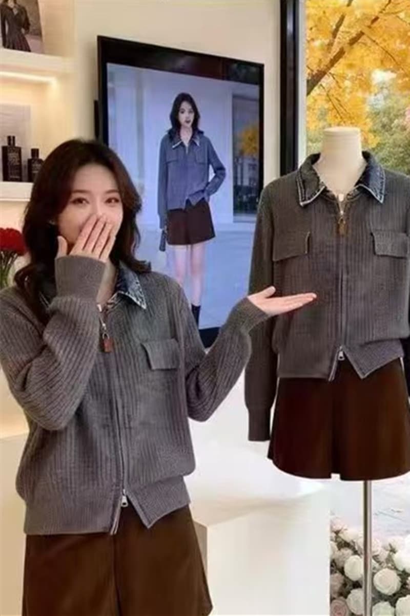 더블 지퍼 패치워크 데님 폴로 칼라 니트 가을 겨울 새로운 루즈핏 느긋한 바람 슬림해 보이는 패션 연령 감소 맨위 상세 이미지 4