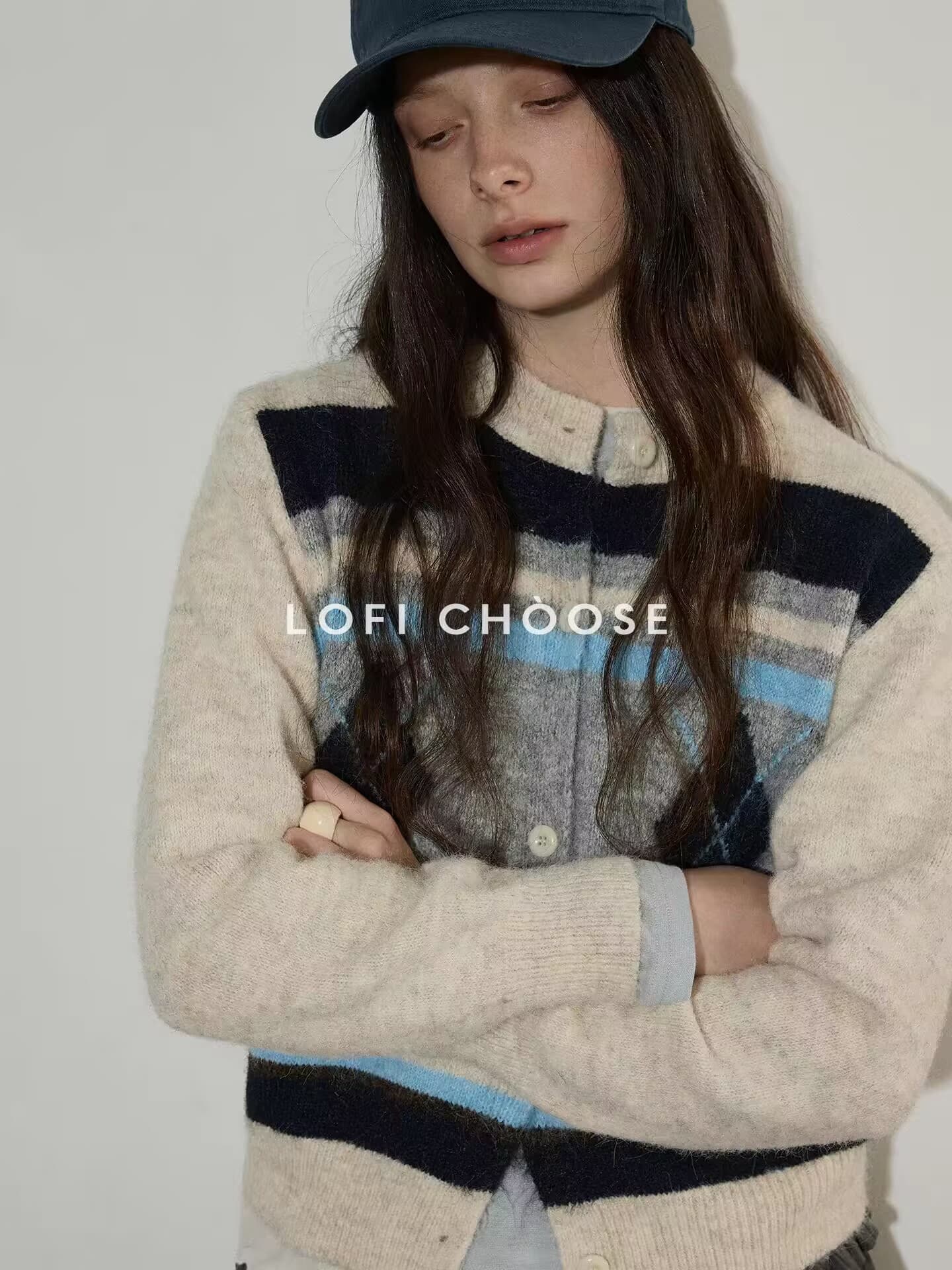 lofi choose 레트로 배색 긴팔 라운드 넥 니트 오픈 가디건 여성 봄 새로운 디자인 센스 루즈핏 맨위 상세 이미지 1