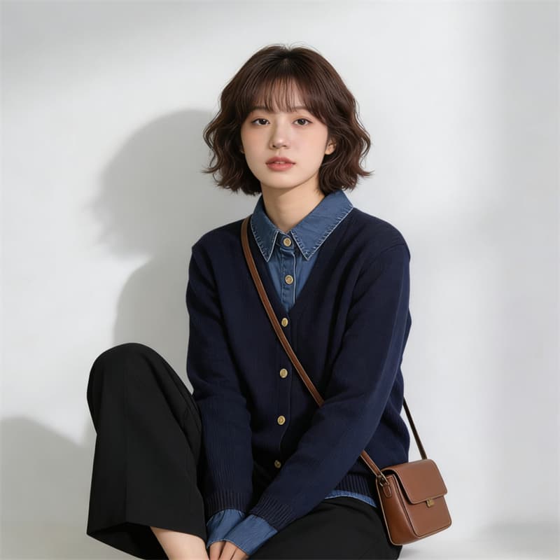 한 부서 페이크 레이어드 패치워크 맨위 출퇴근 양모 니트 오픈 가디건 슬림해 보이는 배색 패션 긴팔 새로운 Chic 여성 상세 이미지 4