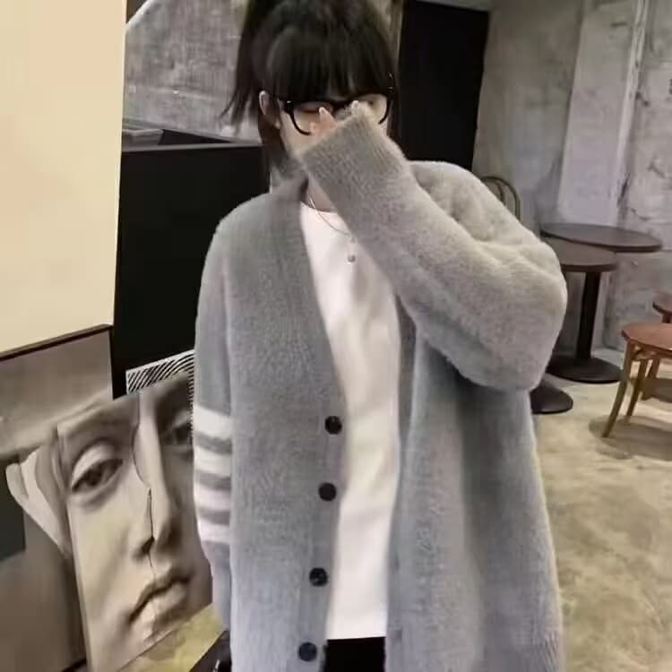 미시 77 느긋한 센스 품격 3개 바 배색 털이 많은 양면 착용 스웨터 오픈 가디건 니트 스웨터 맨위 이미지 4