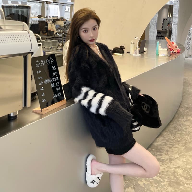 미시 77 느긋한 센스 품격 3개 바 배색 털이 많은 양면 착용 스웨터 오픈 가디건 니트 스웨터 맨위 상세 이미지 6