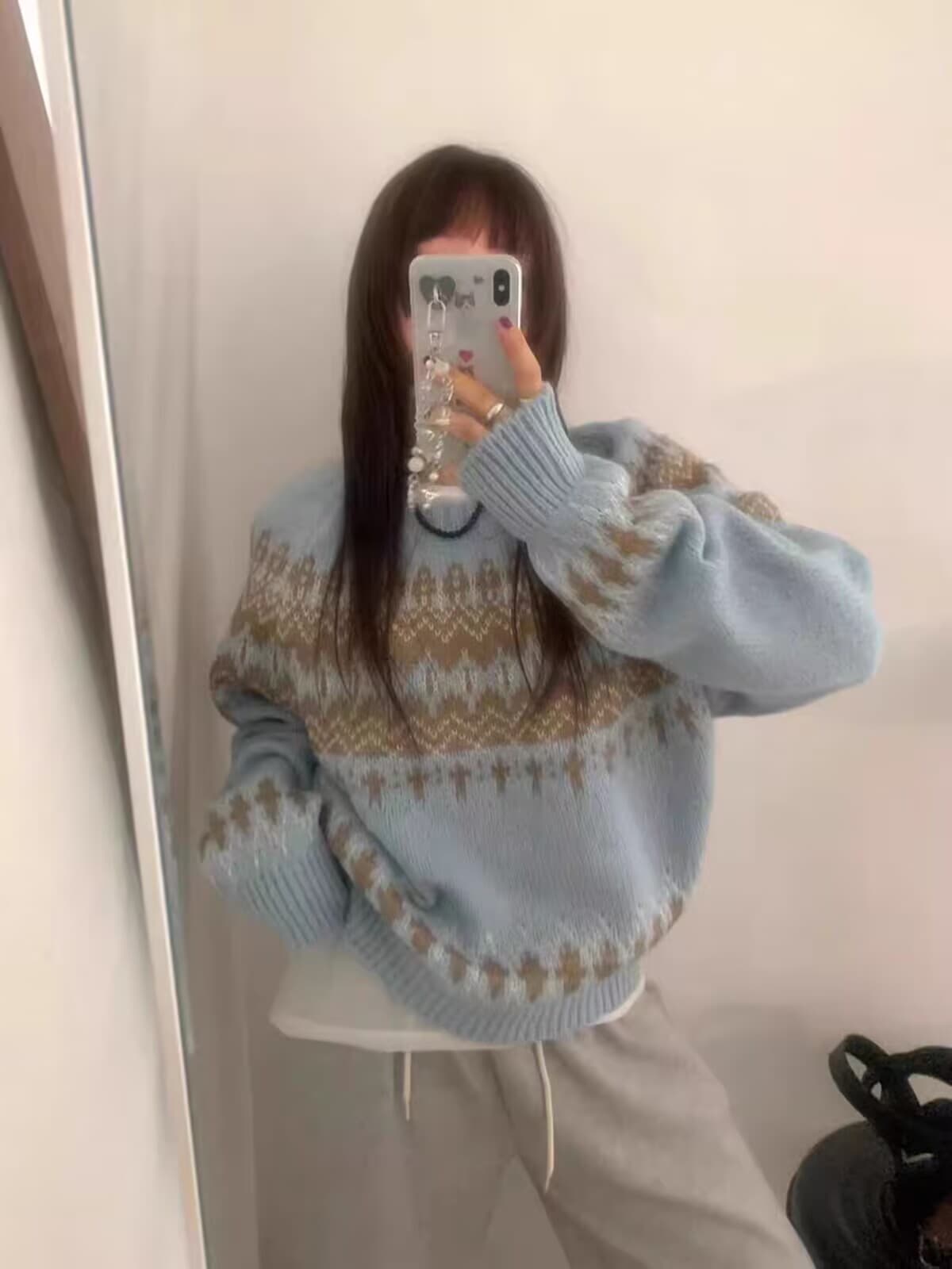 한국 chic 가을 겨울 달콤함 연령 감소 라운드 넥 부드러운 찹쌀 루즈핏 다용도 긴팔 공정한 섬 자카드 니트 스웨터 여자 상세 이미지 6