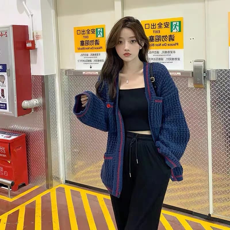 후아 남편 그리드 스웨터 여성 코트 느긋한 바람 봄 가을 외부 가져 가라. 루즈핏 V넥 니트 오픈 가디건 2026 년 새로운 한국 스타일 상세 이미지 2