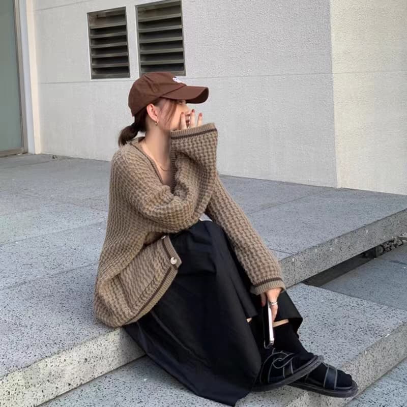 후아 남편 그리드 스웨터 여성 코트 느긋한 바람 봄 가을 외부 가져 가라. 루즈핏 V넥 니트 오픈 가디건 2026 년 새로운 한국 스타일 상세 이미지 8
