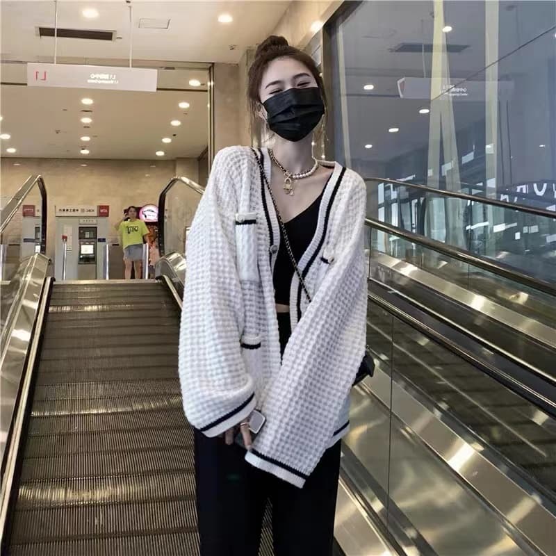 후아 남편 그리드 스웨터 여성 코트 느긋한 바람 봄 가을 외부 가져 가라. 루즈핏 V넥 니트 오픈 가디건 2026 년 새로운 한국 스타일 상세 이미지 10