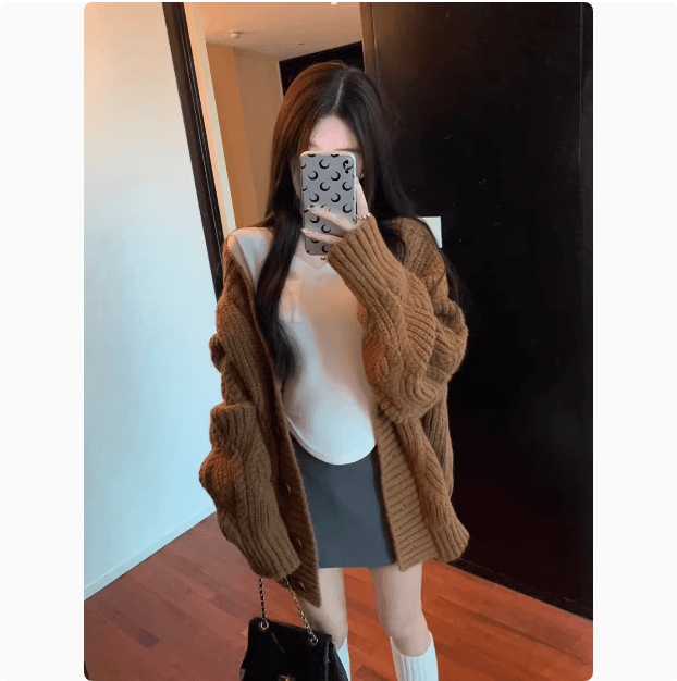 한국 스타일 가을 겨울 따뜻한 전화 느긋한 바람 단색 V넥 긴팔 두꺼운 스웨터 카디건 코트 이미지 3